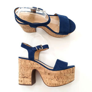 Schutz Blue Glorya Platform Chunky Heel Sandals Women's Size 9.5M